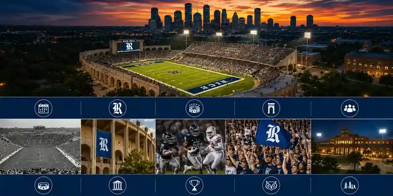 Rice Stadium in Houston during a college football game with historic stadium architecture, Rice Owls fans, illuminated field lights, downtown Houston skyline views, and scenes highlighting the stadium’s football tradition, school spirit, and community legacy.